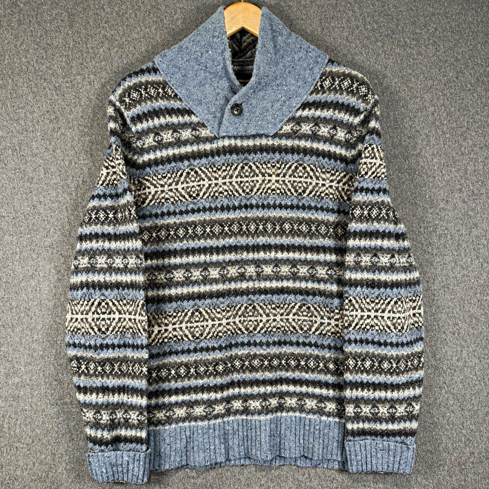 Hickey Freeman Sweater Mens Medium Blue Fair Isle Lambswool Blend Shawl Collar